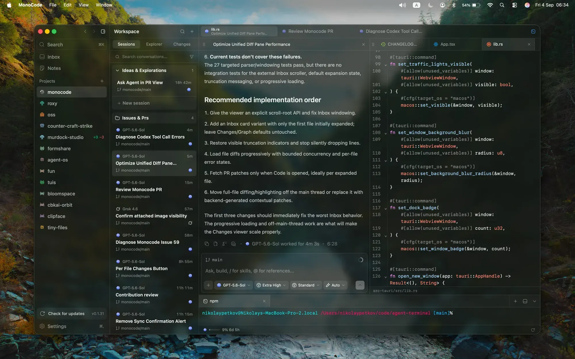 MonoCode on macOS: a project sidebar on the left, a list of agent sessions in the middle, and an open conversation with an editor tab and terminal on the right